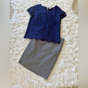 J. Crew Navy Lace Top and White Patterned Skirt Set
